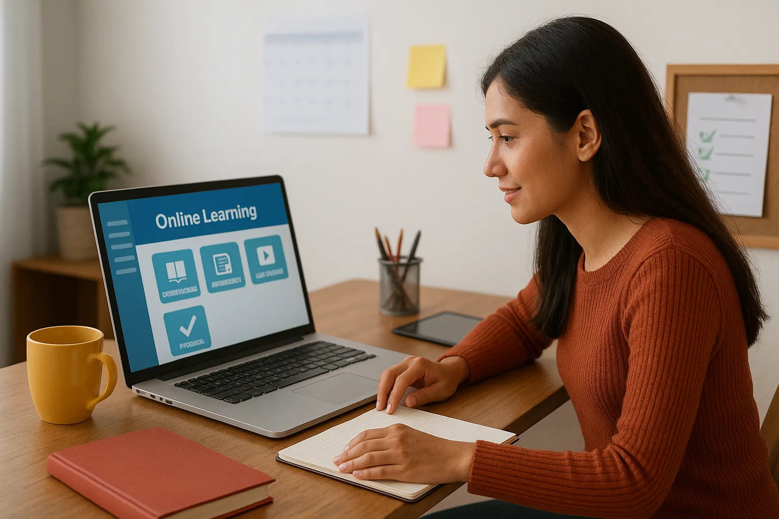 Online student studying with laptop and notes.