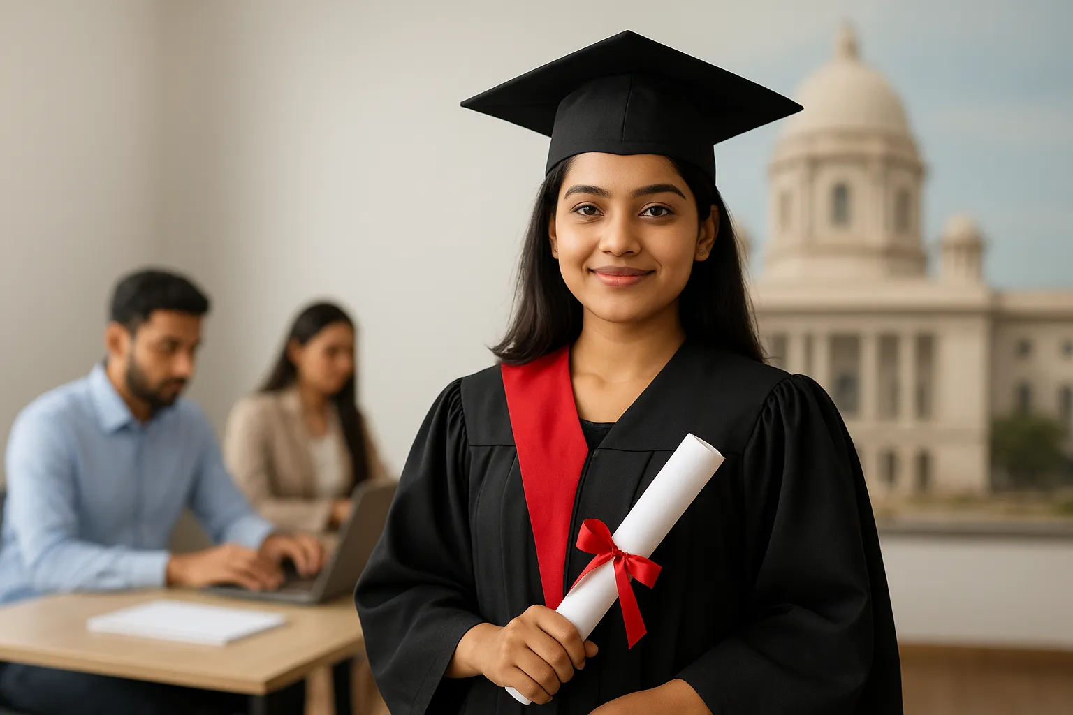 VMOU graduate holding degree with career opportunities in government and corporate sectors.