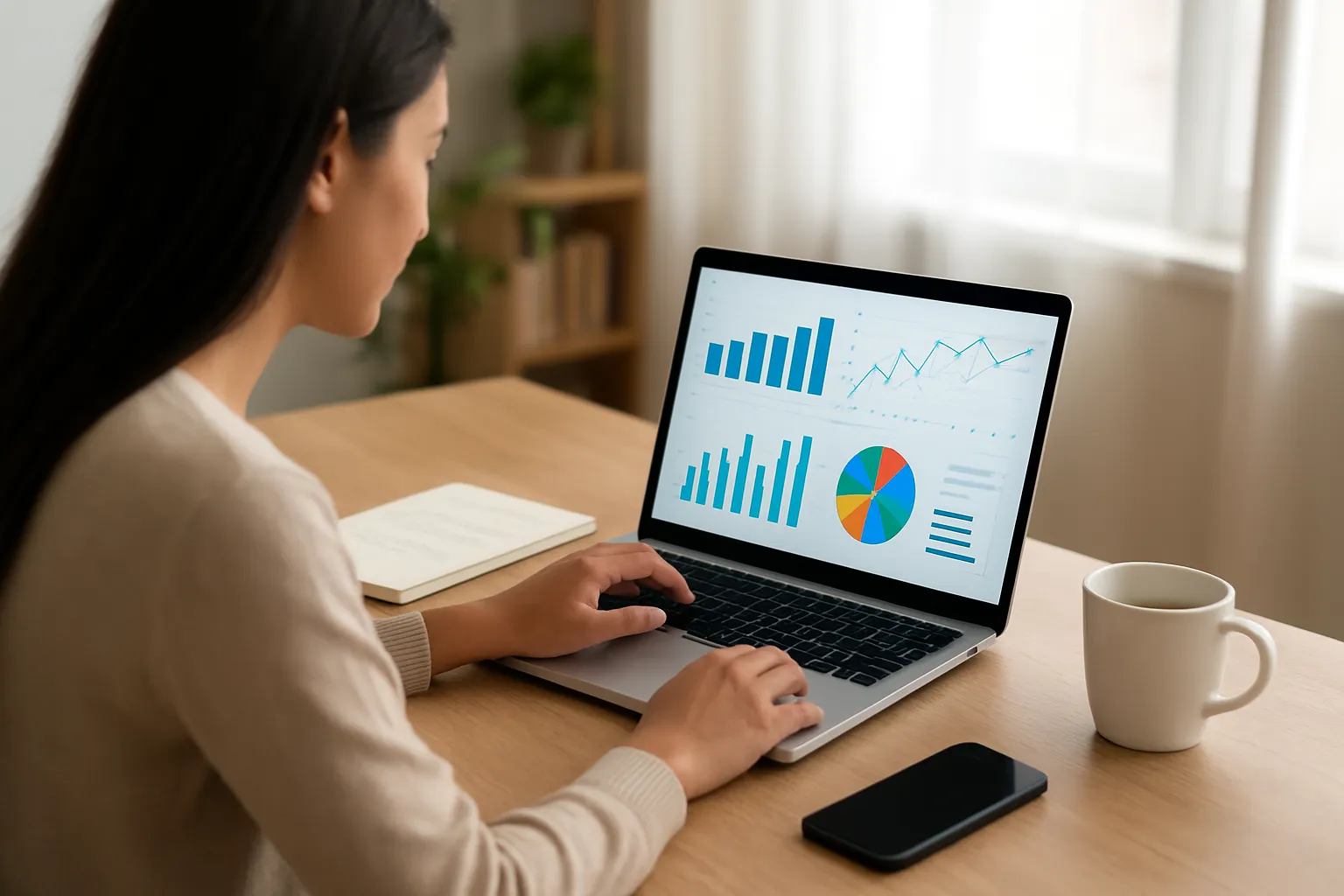 Professional analyzing data dashboards on laptop showing career growth in data analytics.