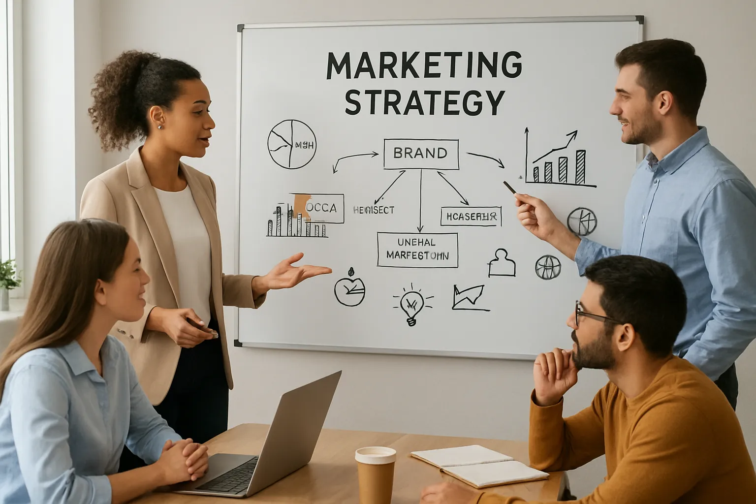 Team of professionals discussing a marketing strategy in a modern office with a whiteboard.