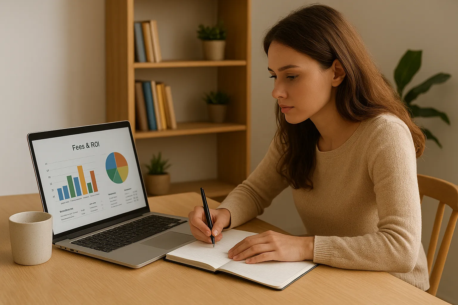 Student reviewing online degree cost and ROI on laptop at home.
