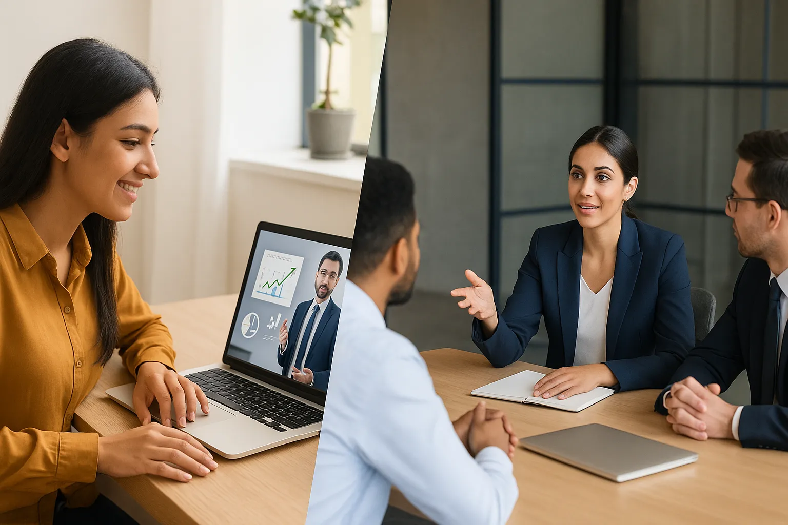 Split-screen showing student attending online MBA class and later leading a team meeting as a manager.
