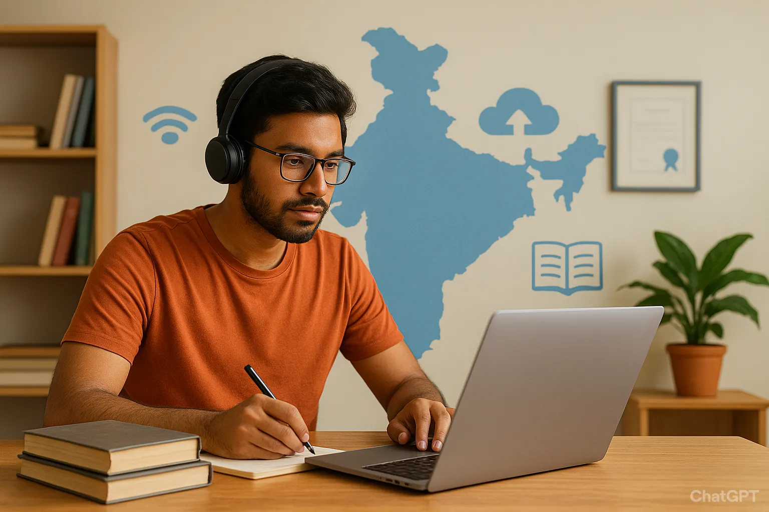Young Indian student studying online with laptop and India map in background.