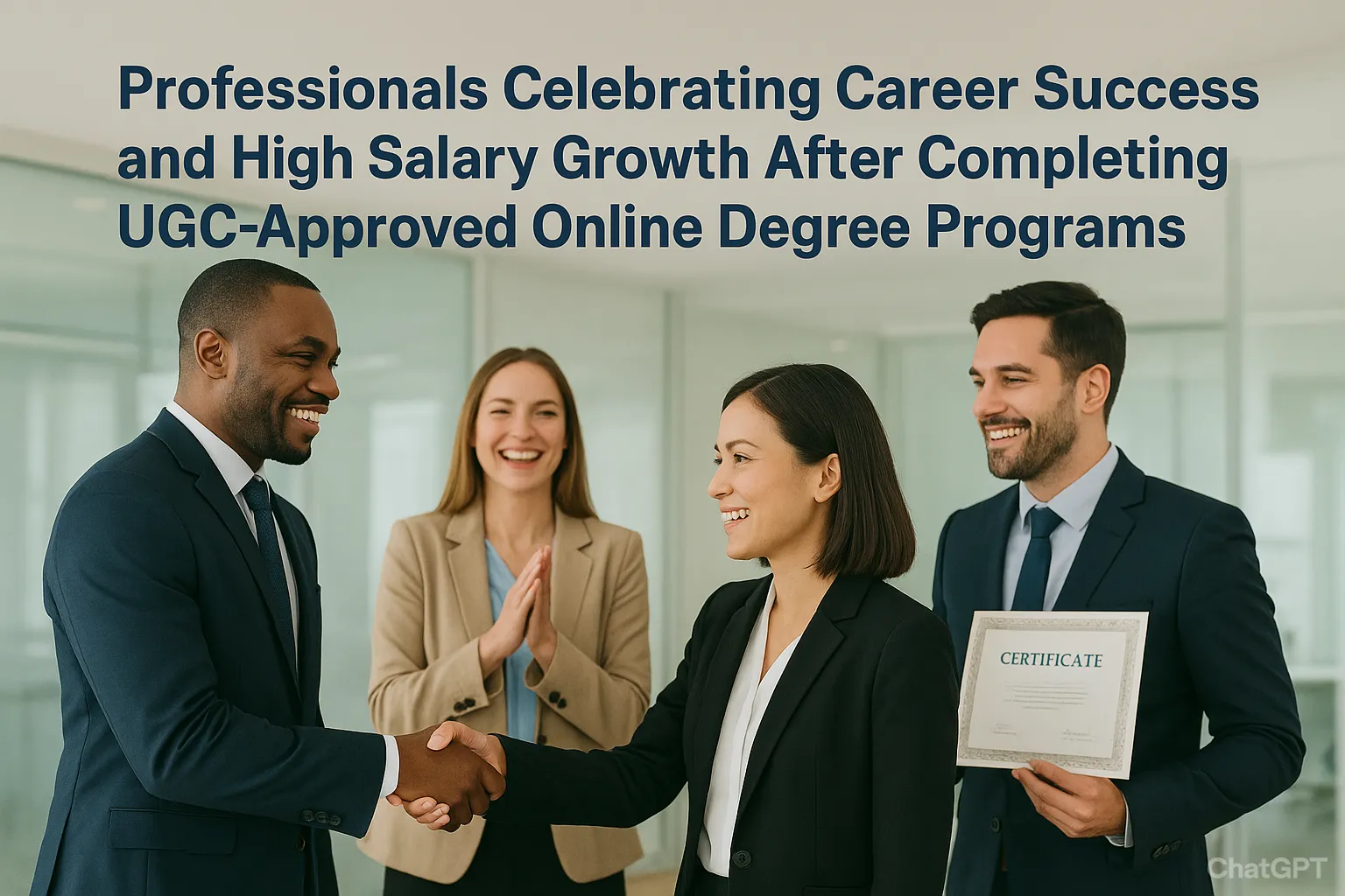 Professionals celebrating career success and high salary growth after completing UGC-approved online degree programs.