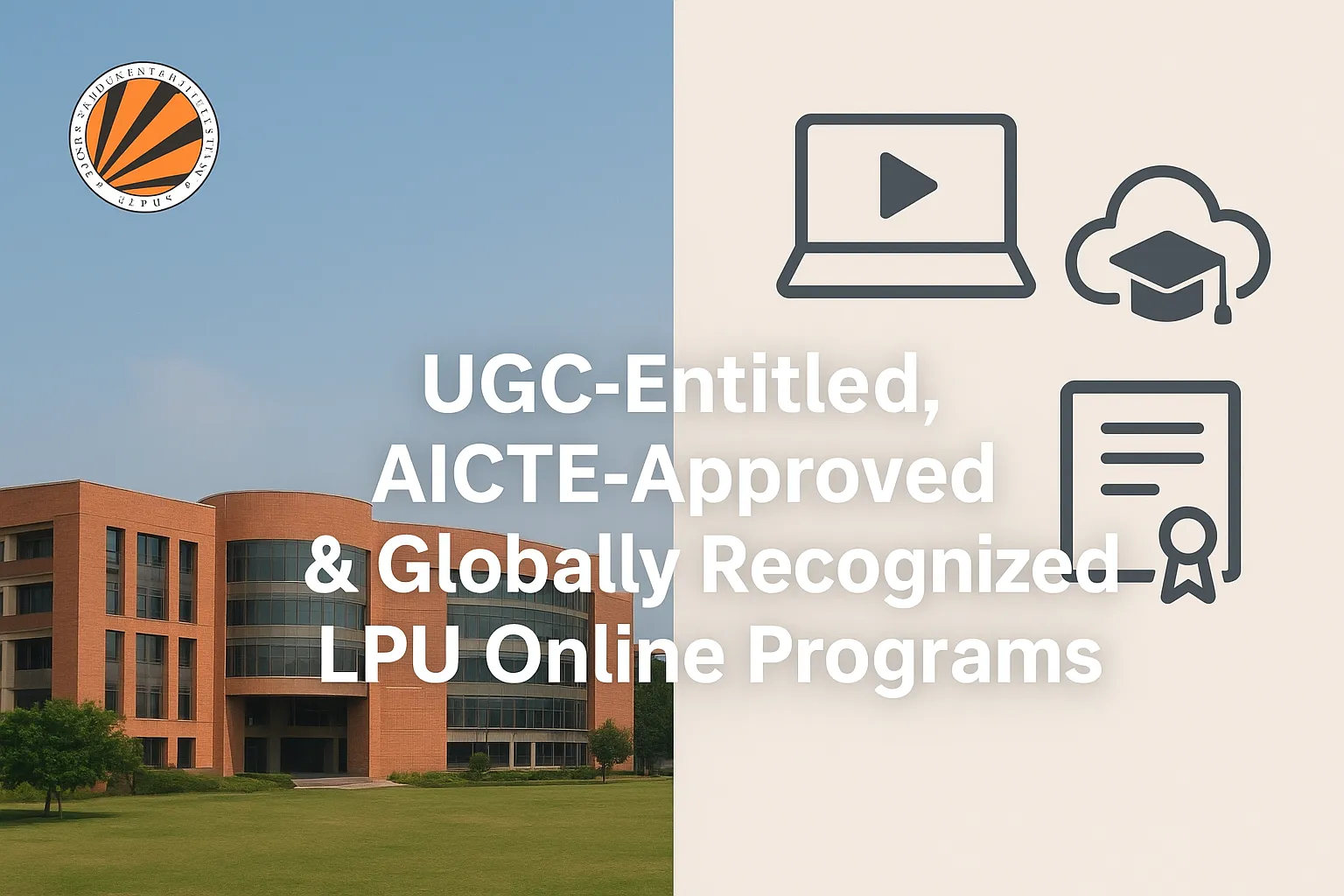 Comparison showing Lovely Professional University campus and online learning icons.