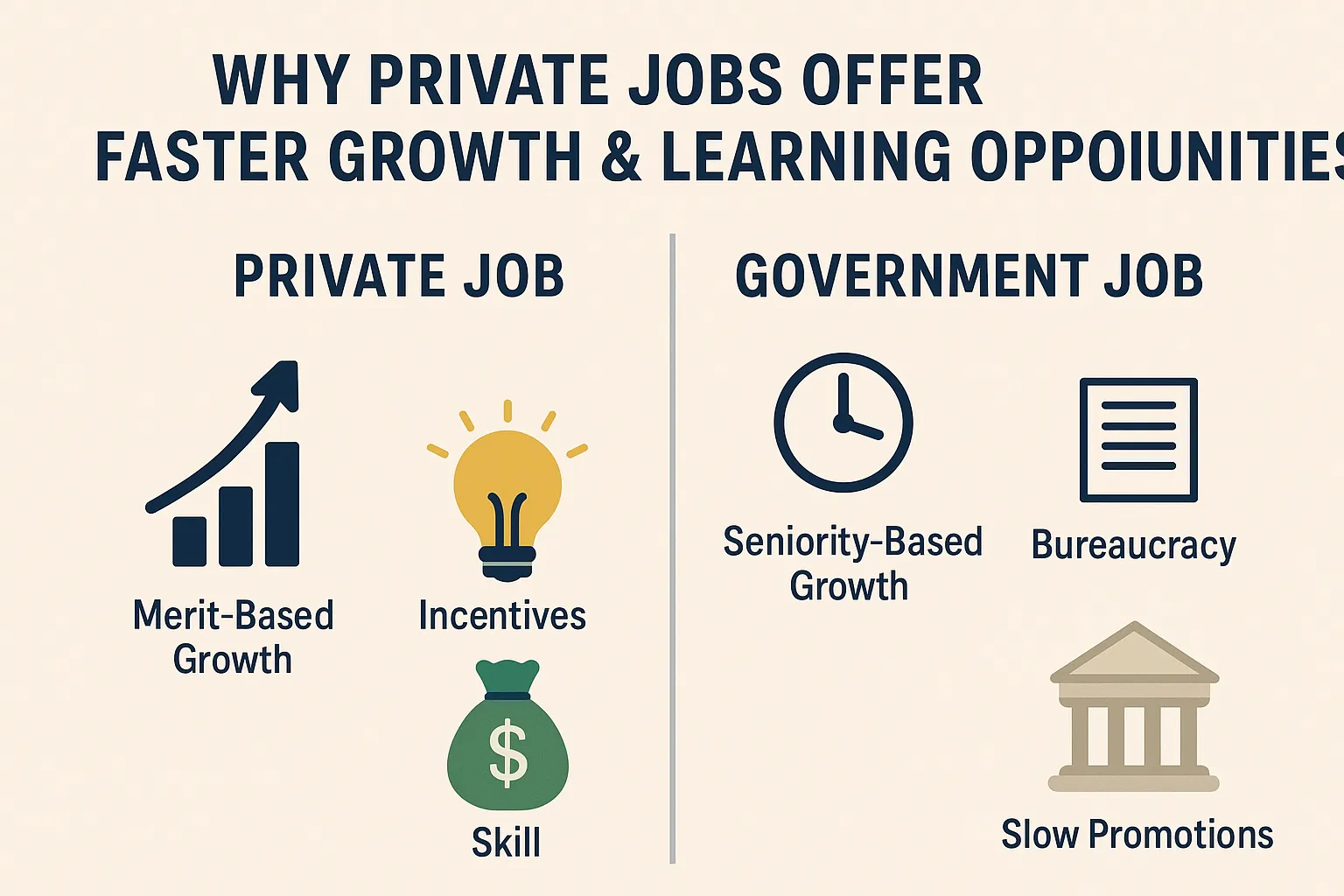 Infographic comparing private and government job growth and promotion speed.