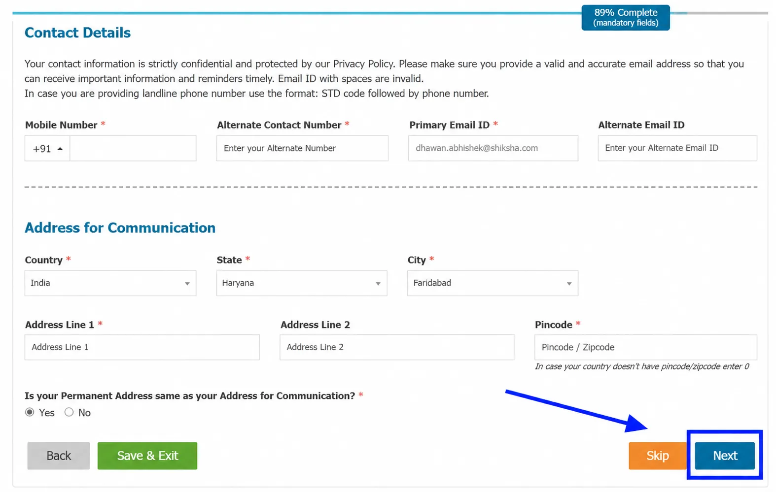 contact-information added during nmat registration process